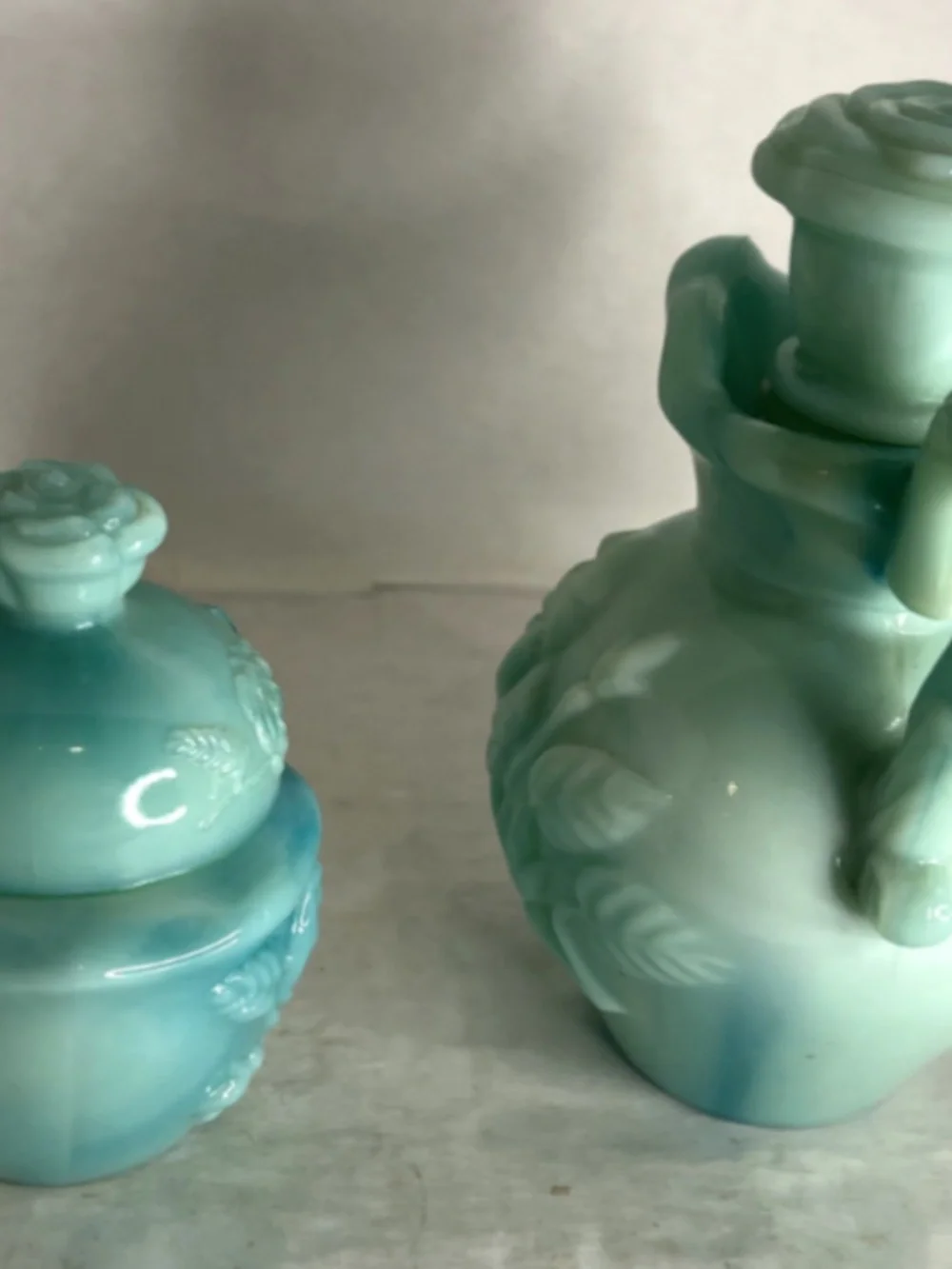 Vintage Avon Jadeite Moonwind Bubble Bath Bottle and Powder Sachet Container